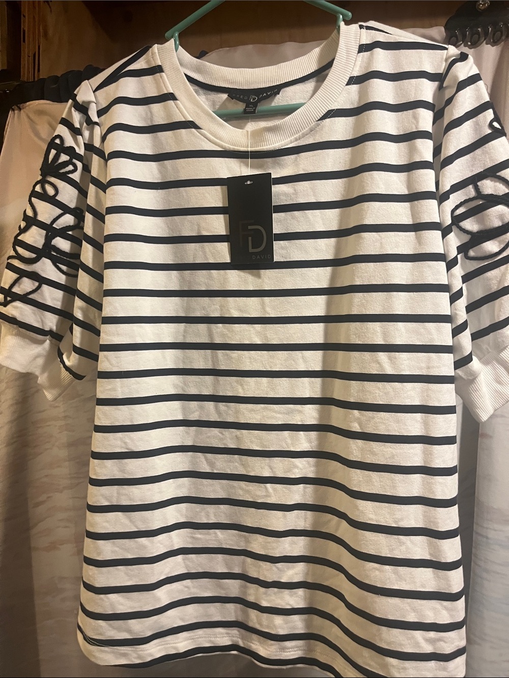 Fred David White and Black Striped Short Sleeve Tee Shirt